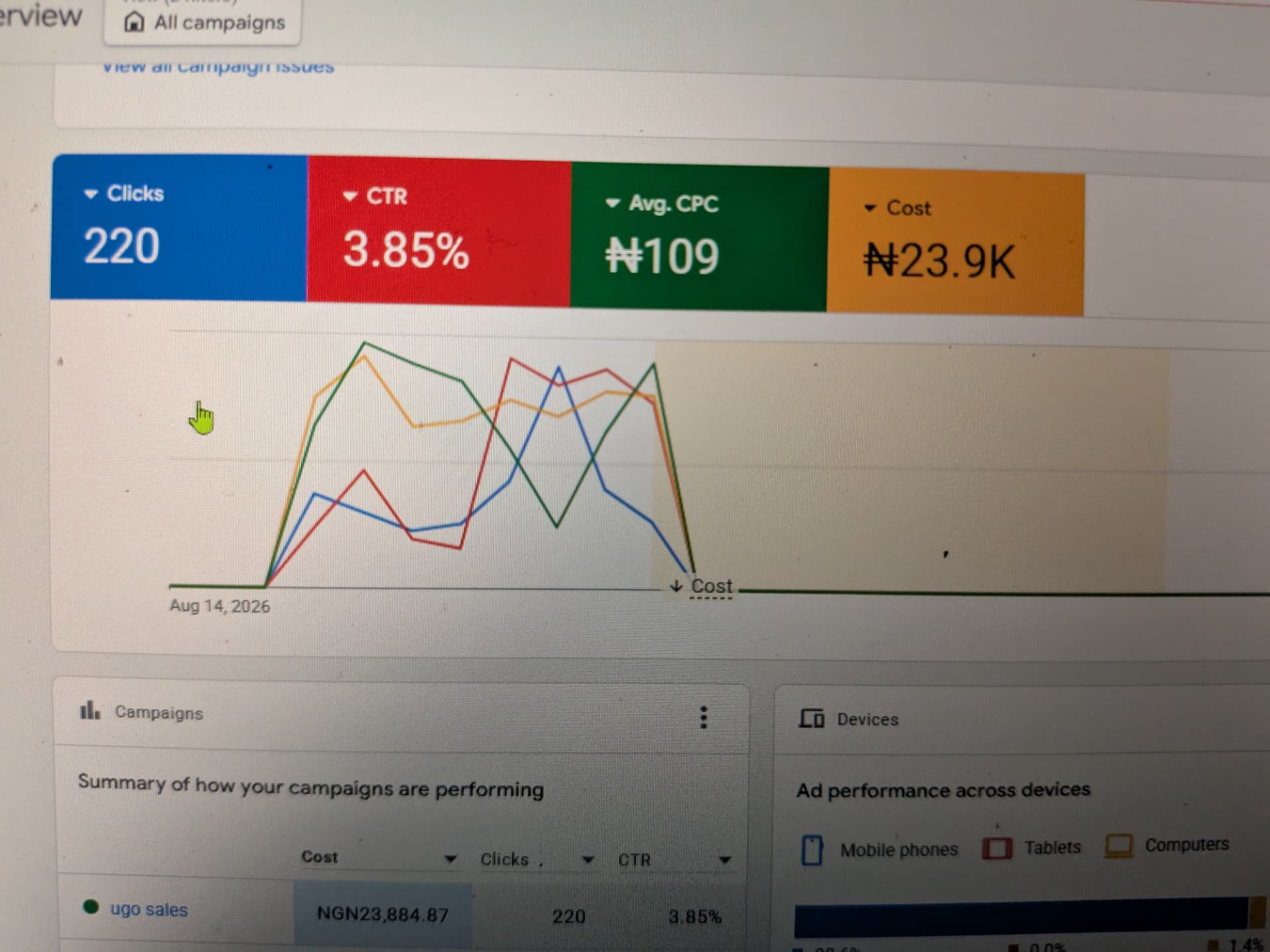 Search campaign — retail sales — live Google Ads dashboard, Aug 2026
